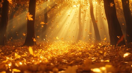 Wall Mural - AI-created autumn forest, with golden leaves covering the ground, and rays of sunlight breaking through the branches.