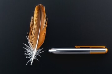 Poster - A minimalist design showing a single feather quill pen next to a sleek, modern stylus on a clean surface
