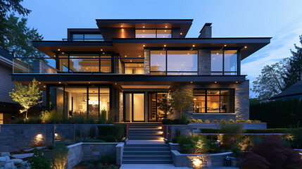 Contemporary two-story home with a floating staircase, cantilevered balcony, and dark stone cladding, enhanced by ambient lighting that highlights the architectural details.