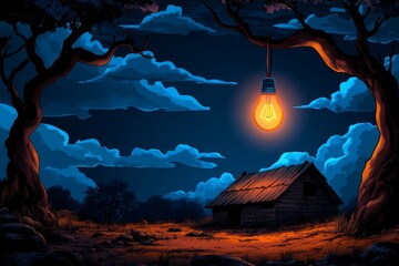 Poster - A minimalist illustration of a single light bulb hanging in a dark rural house, symbolizing the first light of rural electrification