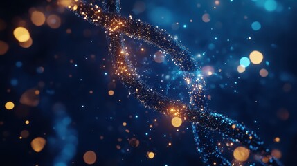 Fototapete - 3D render of a DNA double helix on a dark blue background with bokeh lights, science and technology concept.