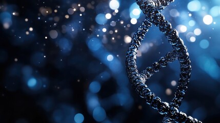 Fototapete - 3D render of a DNA helix on a dark blue background with bokeh lights, a science and biology concept. Realistic 4K resolution.