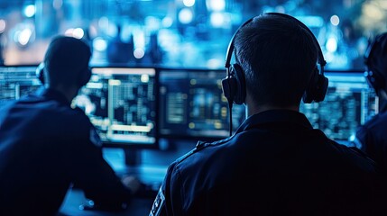 Poster - Police officers in a state-of-the-art 911 call center, coordinating emergency responses through digital interfaces, with glowing screens and real-time maps.