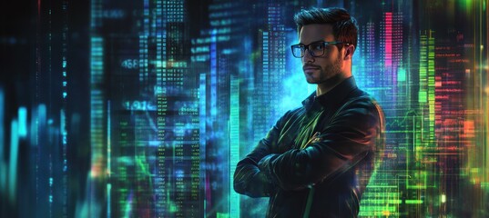 Wall Mural - A man in glasses stands confidently against a vibrant, digital background of data visualizations.