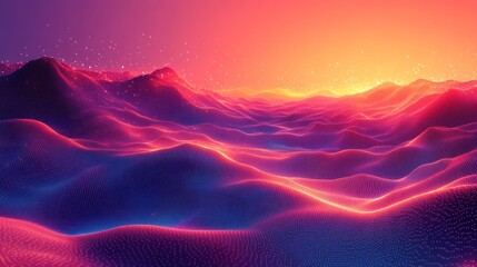 Wall Mural - Abstract landscape with vibrant colors, glowing hills and sunset sky.