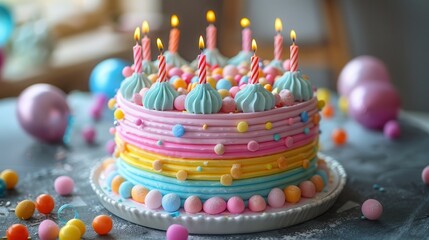 Colorful Birthday Cake with Candles and Festive Decor