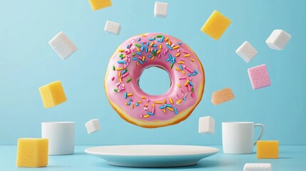 Wall Mural - A floating pink donut with sprinkles surrounded by sugar cubes and cups on a blue background.