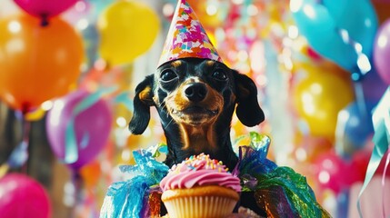 Wall Mural - A festive dog wearing a party hat holds a cupcake surrounded by colorful balloons.