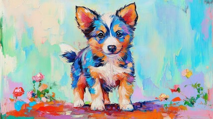 Sticker - A colorful painting of a playful puppy standing amidst vibrant flowers.