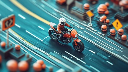 Poster - A miniature motorcycle on a vibrant, intricately designed road scene.