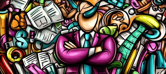 Sticker - A colorful, abstract representation of a business figure surrounded by various office elements.