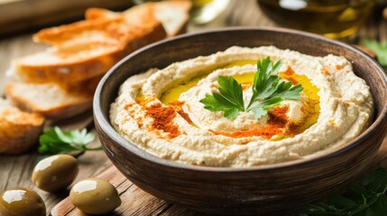 Wall Mural - A bowl of hummus drizzled with olive oil, garnished with parsley, served with bread and olives.