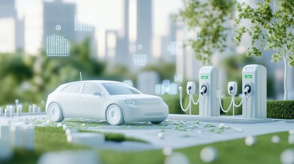 Poster - A futuristic electric car near charging stations in a green urban environment.