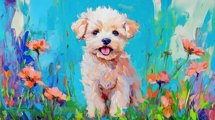 Sticker - A cheerful puppy stands among colorful flowers against a vibrant background.