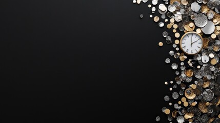 Wall Mural - A stylish arrangement of coins and a clock on a black background, symbolizing time and wealth.