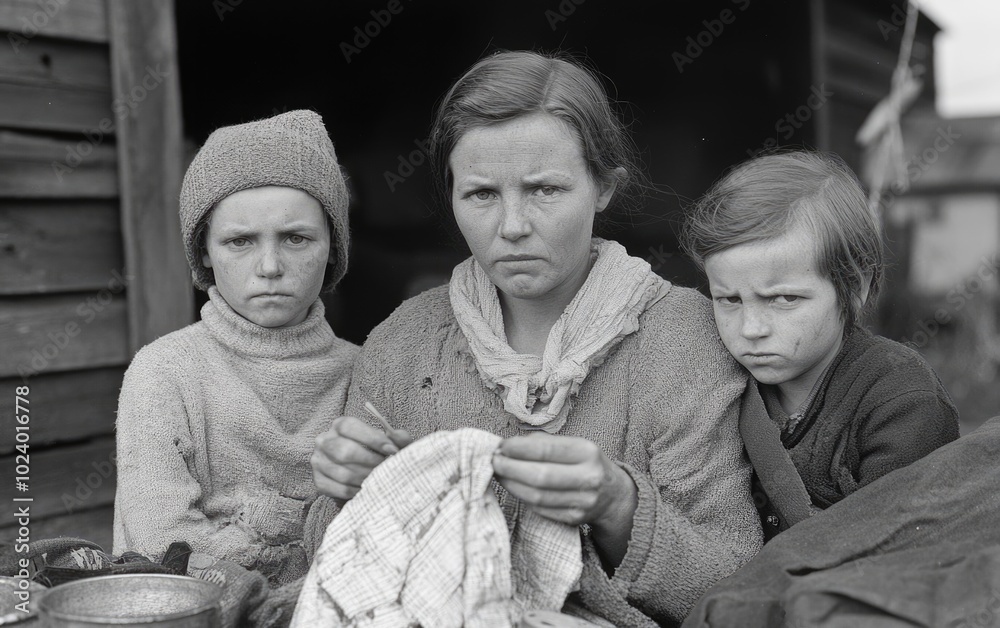 Stark portrayal: black and white depiction of Great Depression's drama, capturing intense hardship, emotional struggles, bleak realities of turbulent era through striking contrasts, powerful imagery.