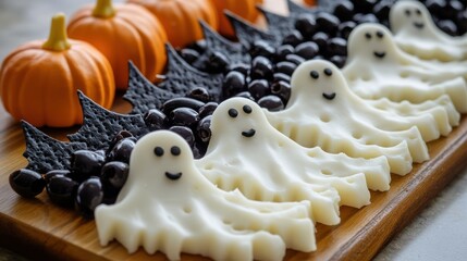 Poster - A festive Halloween platter featuring ghost-shaped treats, pumpkins, and black bat decorations.