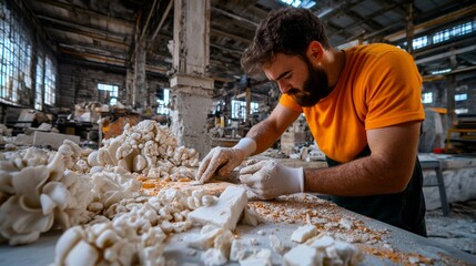 Sculptor Chiseling Marble in Art Studio