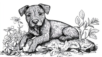 Sticker - A detailed illustration of a puppy resting among plants and flowers.