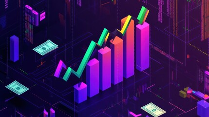 Canvas Print - A vibrant digital representation of financial growth with bar graphs and dollar bills.