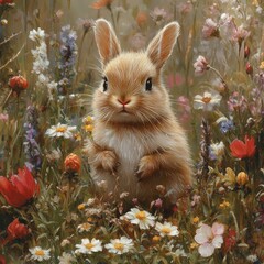 Canvas Print - A cute bunny rabbit sits amongst a vibrant field of colorful wildflowers.