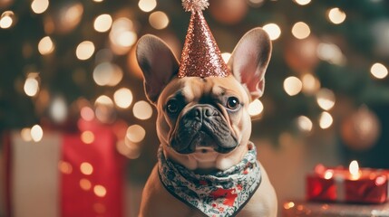 Wall Mural - A festive dog wearing a party hat and scarf, surrounded by holiday decorations.