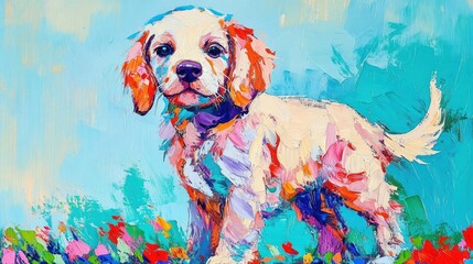 Wall Mural - A colorful painting of a playful puppy surrounded by vibrant flowers.