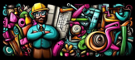 Canvas Print - A colorful illustration featuring a bespectacled man amidst various vibrant objects and tools.