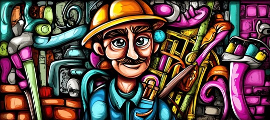 Poster - A colorful illustration of a worker with tools, set against a vibrant background of plumbing elements.