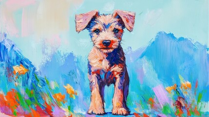 Canvas Print - A vibrant painting of a dog standing amidst colorful flowers and mountains.