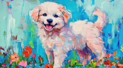 Sticker - A cheerful, fluffy puppy stands amidst colorful flowers in a vibrant, artistic setting.