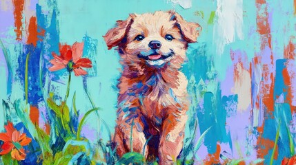 Wall Mural - A colorful painting of a happy puppy surrounded by vibrant flowers in a lively background.