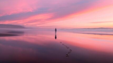 Canvas Print - A solitary figure stands on a beach at sunset, reflecting on the tranquil water.