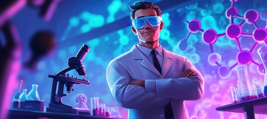 Poster - A confident scientist in a lab, surrounded by scientific equipment and molecular structures.