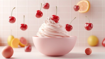 Sticker - A bowl of soft-serve ice cream topped with cherries, set against a pastel background.