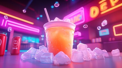 Wall Mural - A vibrant drink cup surrounded by ice, set against a colorful neon backdrop.