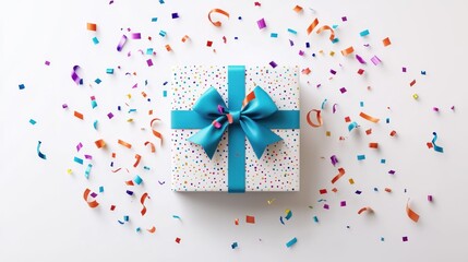 Canvas Print - A colorful gift box with a blue ribbon surrounded by festive confetti.