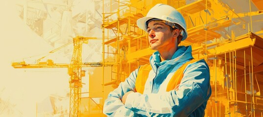 Canvas Print - A confident construction worker stands against a vibrant industrial backdrop.