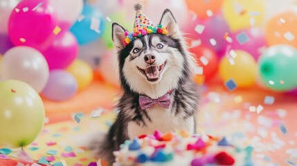 Poster - A festive dog with a party hat and bow tie, celebrating with a cake and colorful decorations.