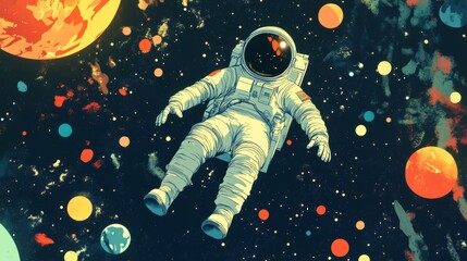 Canvas Print - A cartoon astronaut floating in space, surrounded by colorful planets and stars