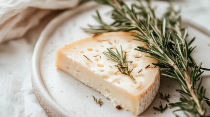 Poster - A slice of cheese garnished with fresh rosemary on a textured plate.