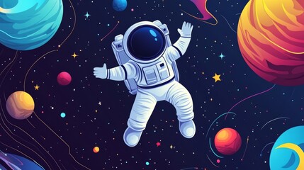 Canvas Print - A cartoon astronaut floating in space, surrounded by colorful planets and stars