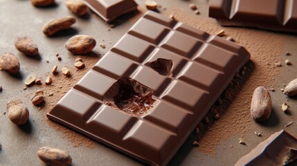 Wall Mural - A close-up of a chocolate bar with cocoa beans and shavings around it, emphasizing indulgence.