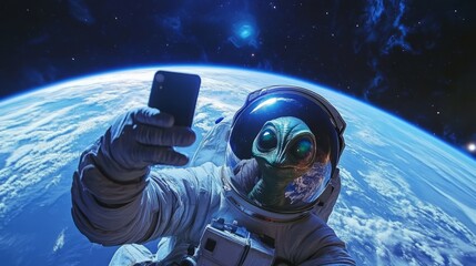 Wall Mural - Astronaut in suit and alien taking a selfie floating in space with earth on the background