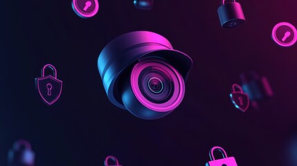 Wall Mural - A stylized camera lens surrounded by locks, symbolizing security and privacy in technology.