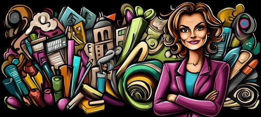 Canvas Print - A confident woman stands among colorful creative tools and elements, symbolizing innovation.