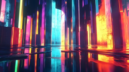 Wall Mural - Abstract, futuristic city of concrete and neon. Night city view, illumination. Dark street, abstract scene, neon rays. 3D illustration. 