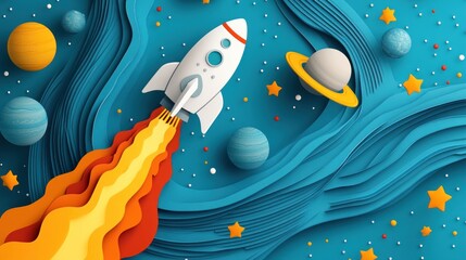 Wall Mural - a vibrant space scene featuring a rocket, planets, and stars in a colorful, playful design.