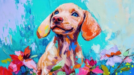 A colorful painting of a happy puppy surrounded by vibrant flowers.