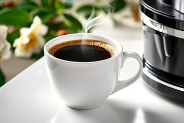 Single cup of coffee on a clean white table, with a faint wisp of steam rising in a calm, minimalist morning setting